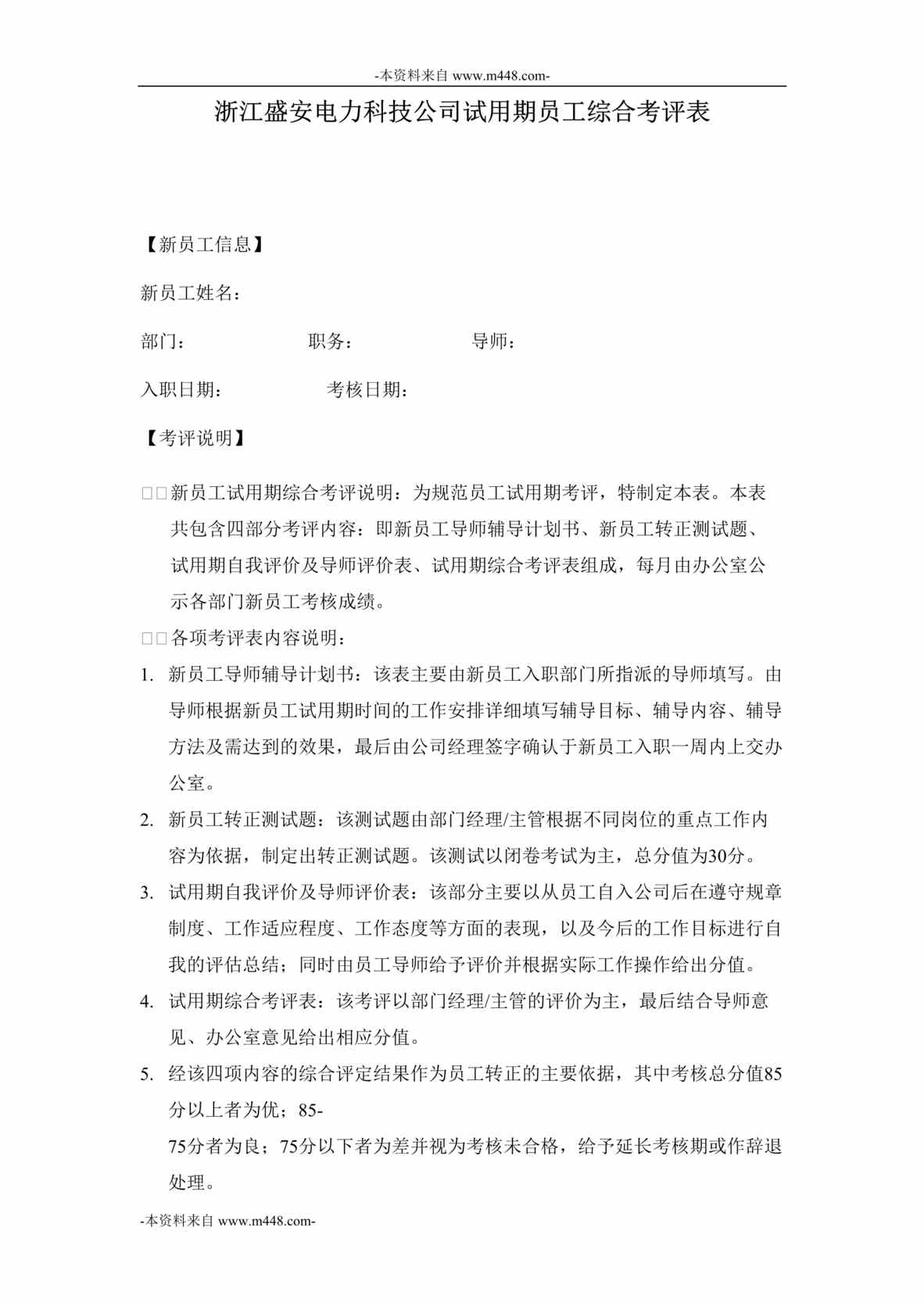 “盛安电力科技公司试用期员工综合考评表DOC”第1页图片