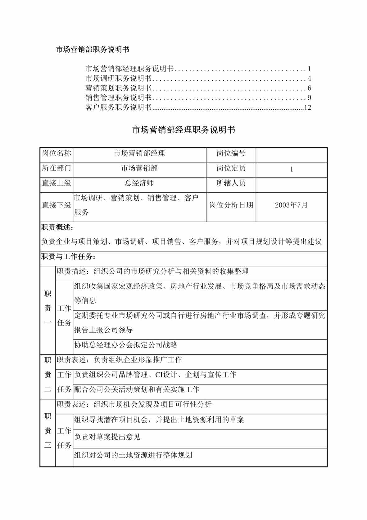 “北京某房产开发公司职务说明书-工市场营销部职务说明书(doc 13).rar”第1页图片