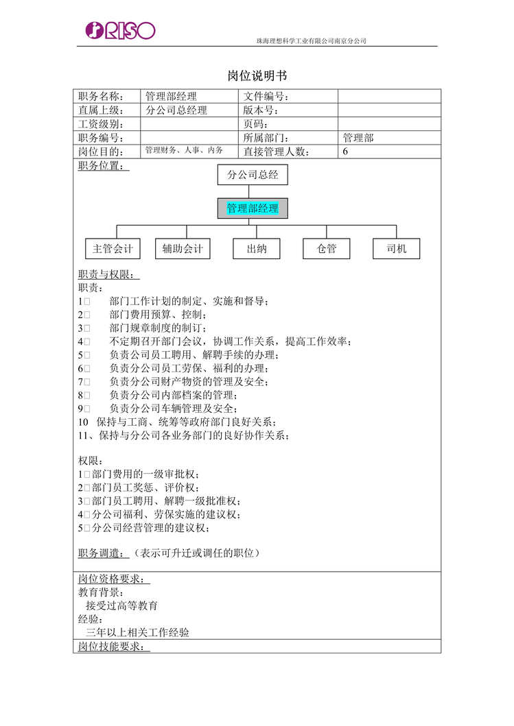 “某公司管理部经理岗位说明书(doc).rar”第1页图片