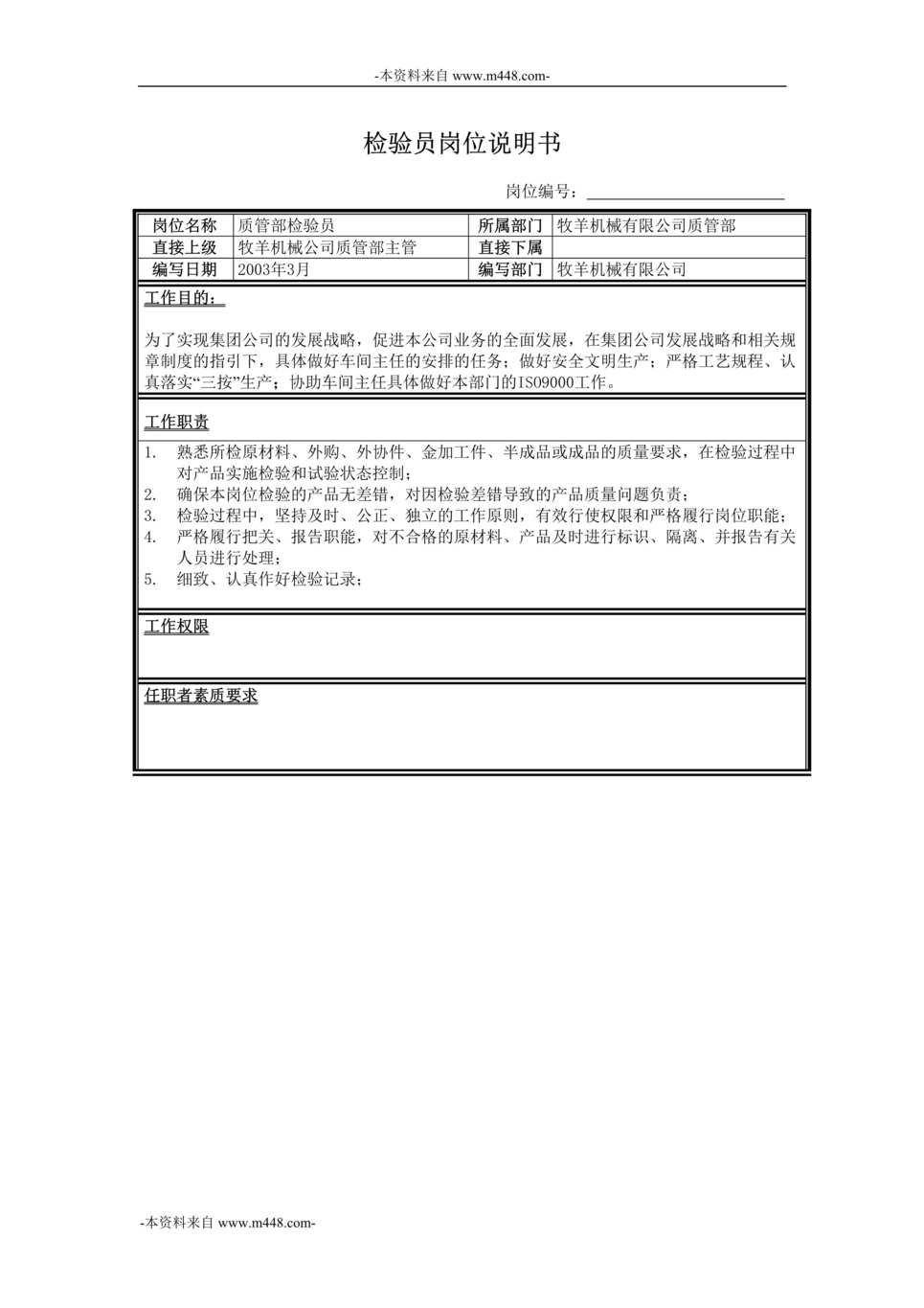 “牧羊饲料机械检验员岗位说明书DOC”第1页图片