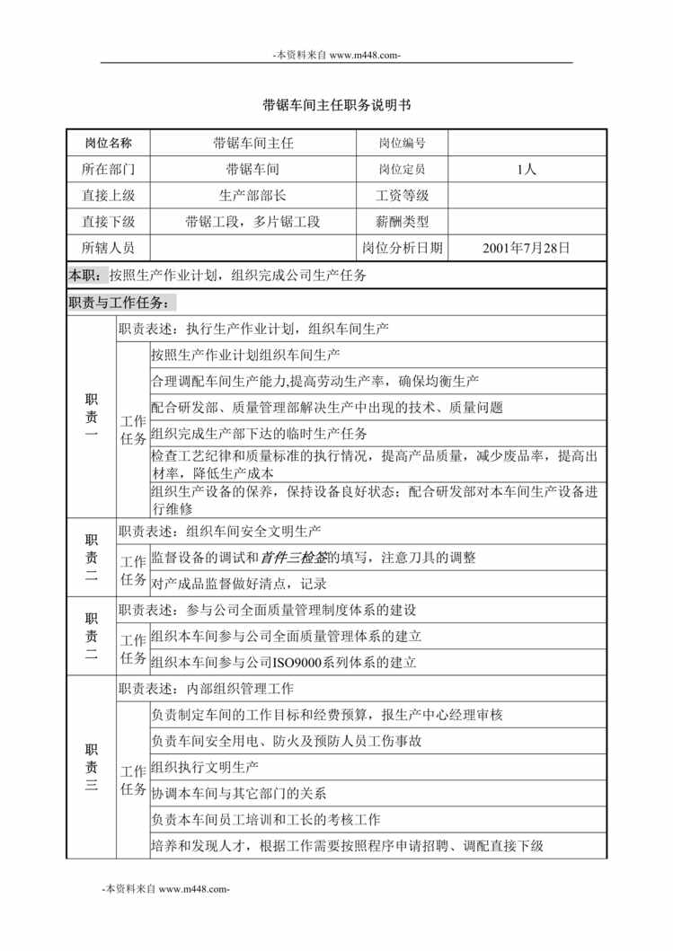 “乾坤木业公司带锯车间主任职位说明书DOC”第1页图片