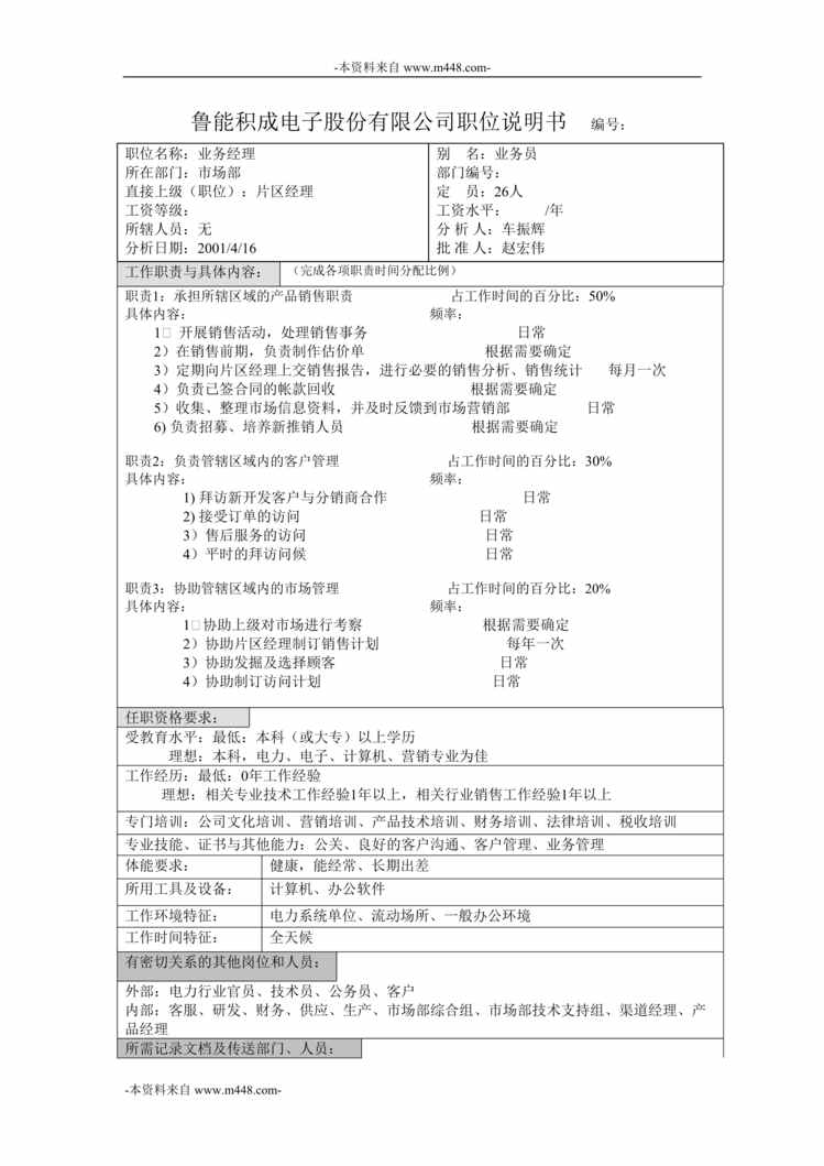 “鲁能积成电子市场部业务经理职位说明书DOC”第1页图片