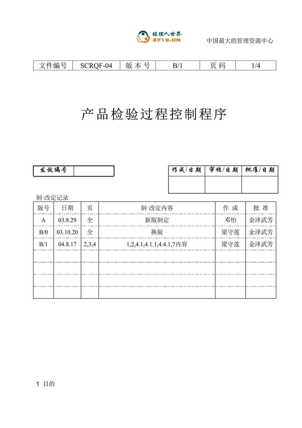 “某印刷企业产品检验过程控制程序(doc).rar”第1页图片