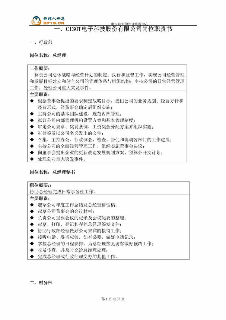 “x电子科技股份有限公司岗位职责书(doc 35).rar”第1页图片