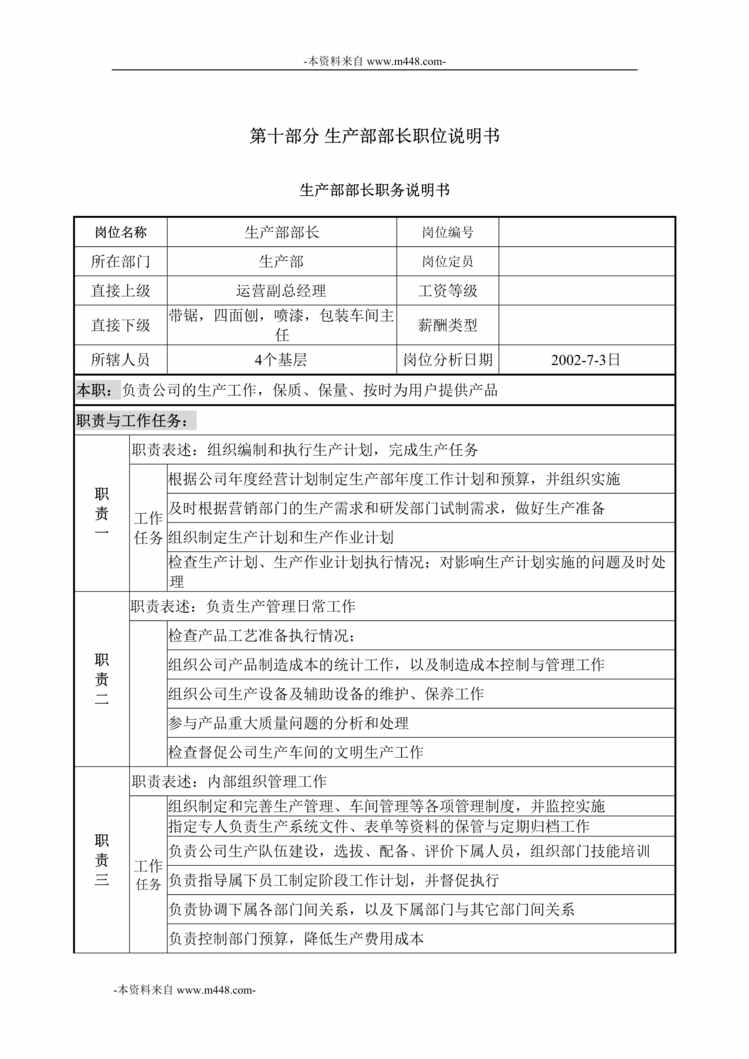 “乾坤木业公司生产部部长职位说明书岗位说明书DOC”第1页图片