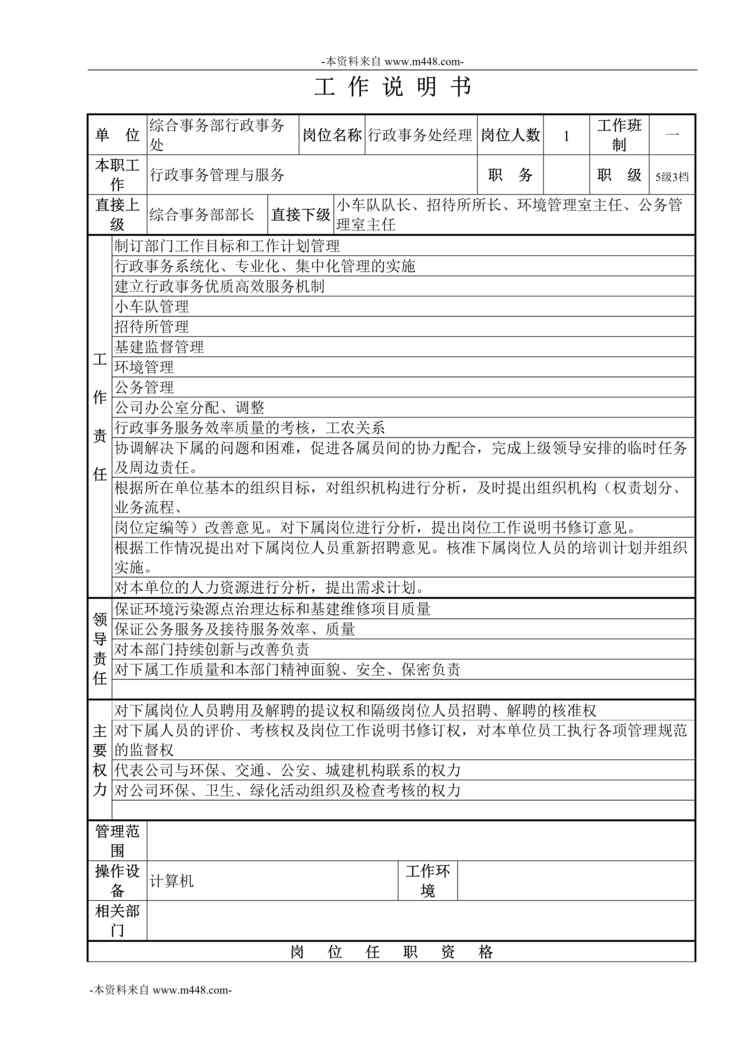 “某设备厂综合事务部职位说明书汇编DOC_41页”第1页图片