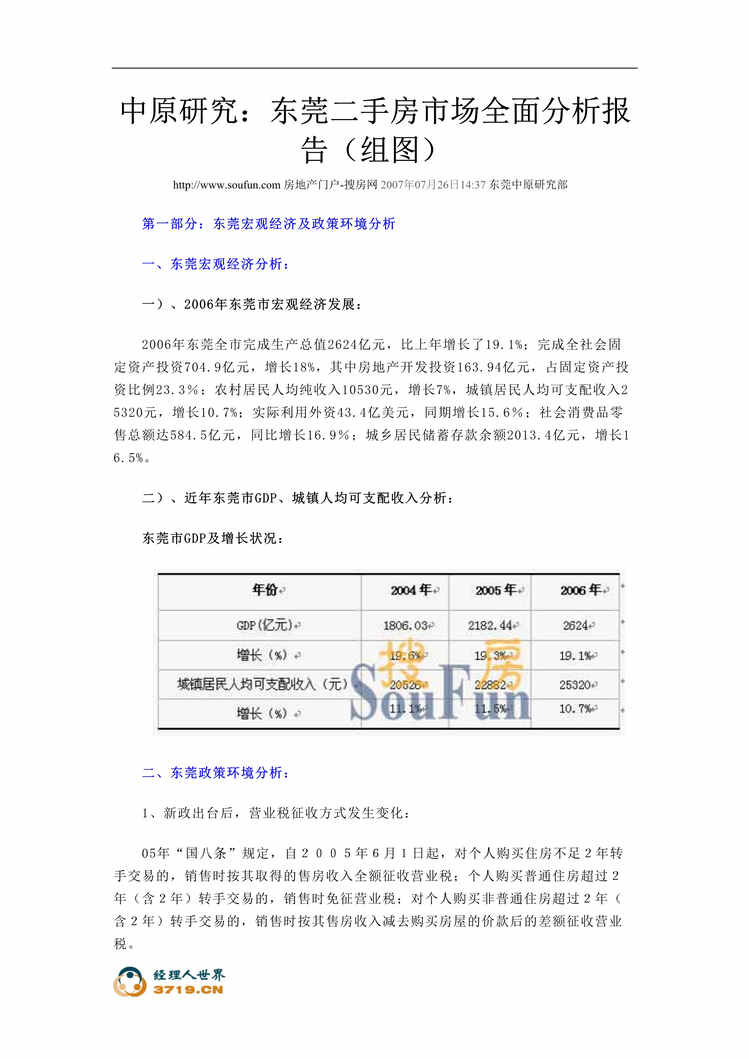 “中原地产2007年东莞二手房市场全面分析报告(doc 28).rar”第1页图片