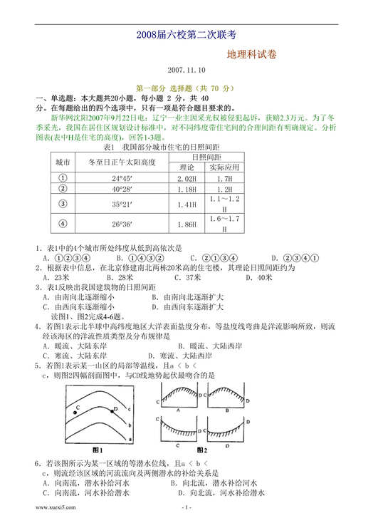 “2008届六校第二次联考地理科试卷(doc).rar”第1页图片