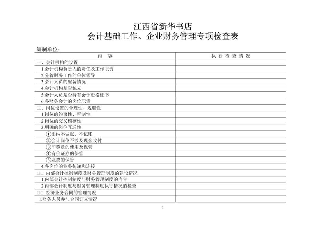 “书店会计基础工作、企业财务管理专项检查表(doc).rar”第1页图片