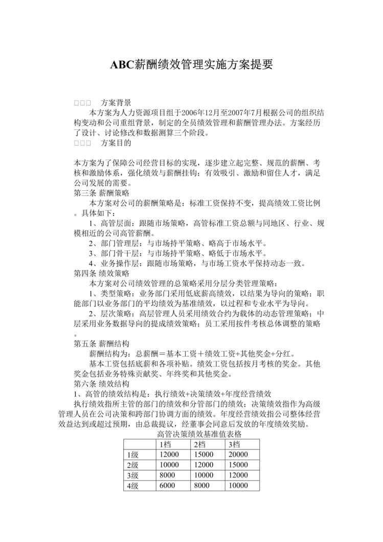 “ABC公司薪酬绩效管理实施方案提要(doc).rar”第1页图片