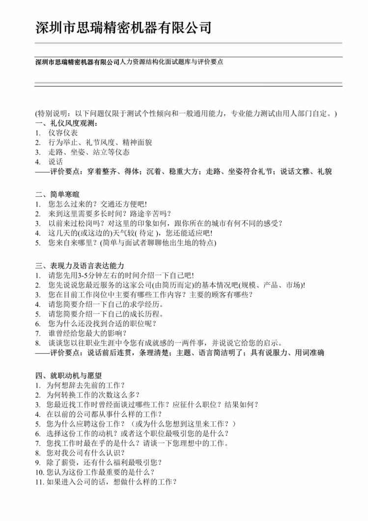 “思瑞精密机器公司人力资源结构化面试题库与评价要点(doc).rar”第1页图片