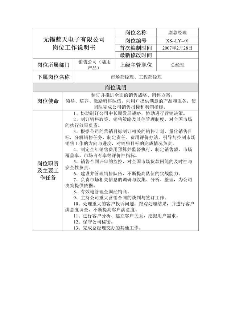 “无锡蓝天电子公司陆用产品销售公司岗位工作说明书(24页).rar”第1页图片