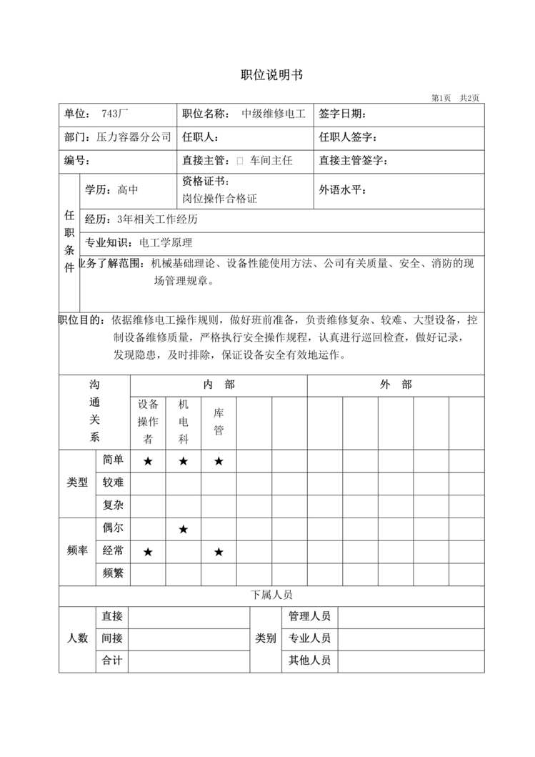 “压力容器中级维修电工职位说明书(doc).rar”第1页图片