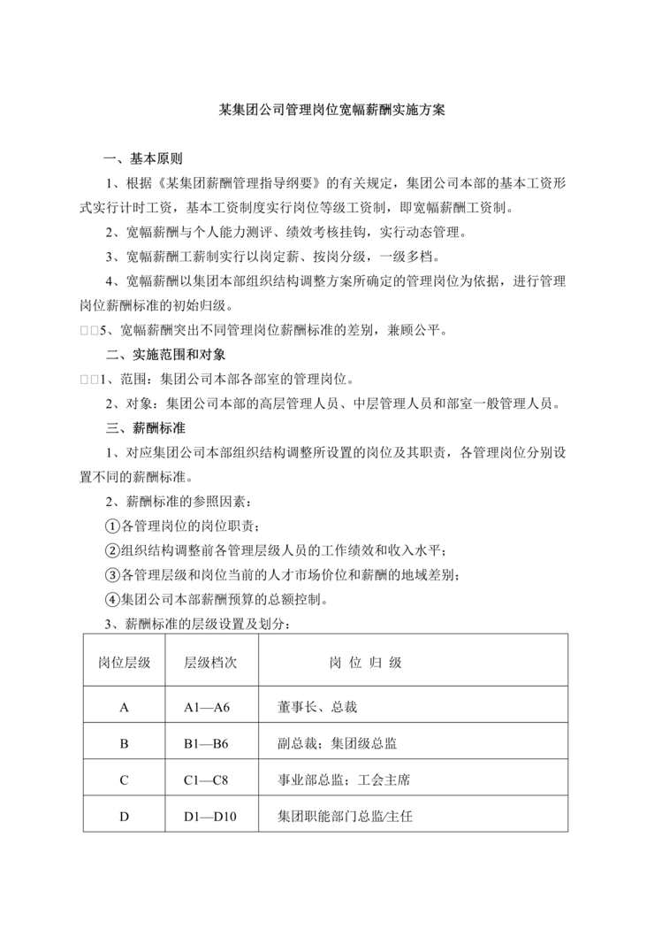 “某集团公司管理岗位宽幅薪酬实施方案(doc).rar”第1页图片