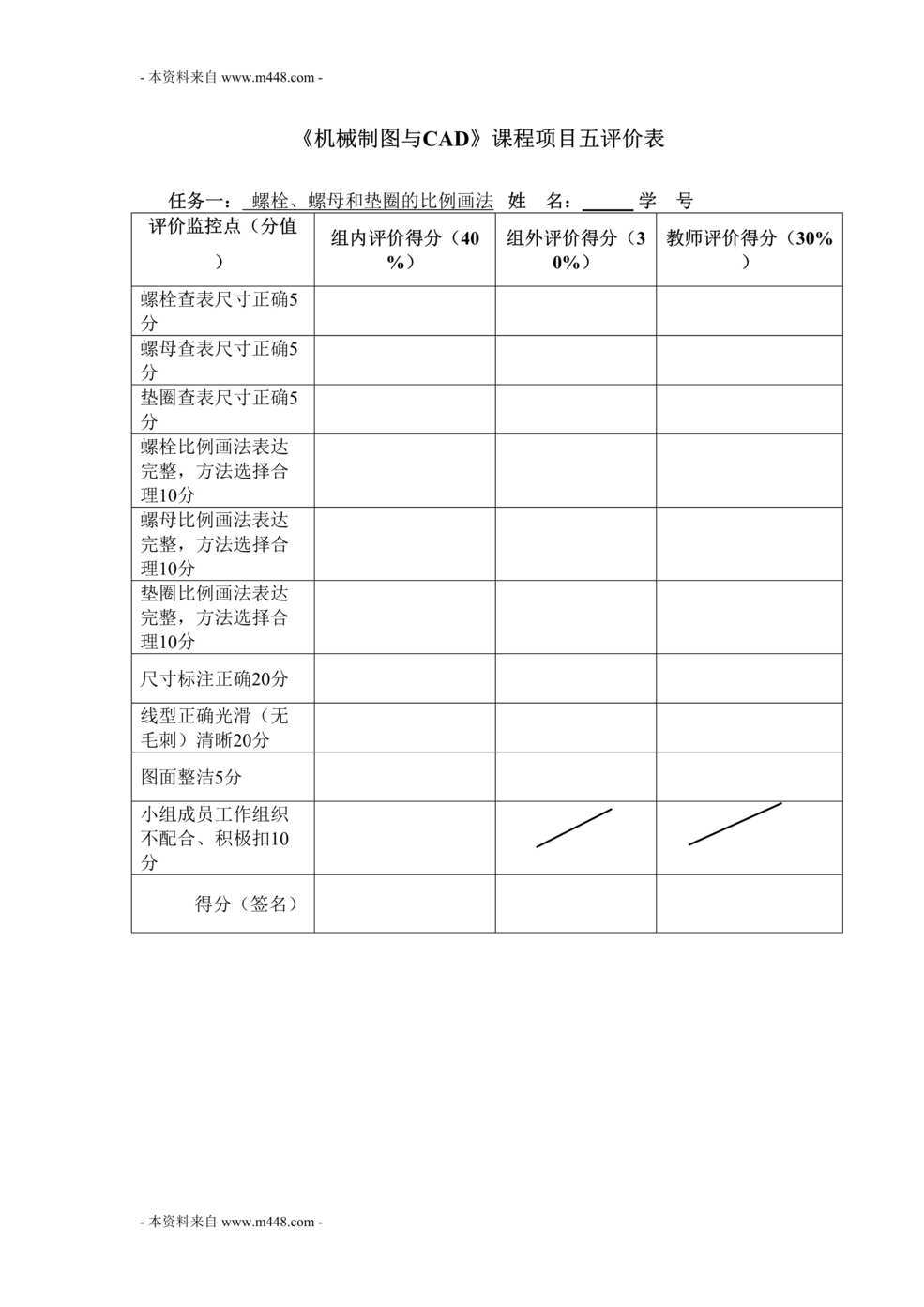 “机械制图与CAD课程项目评价表DOC”第1页图片