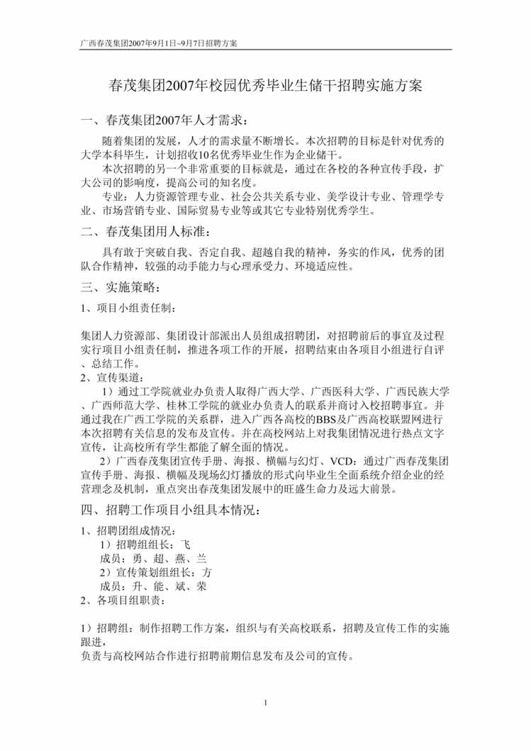 “春茂集团校园优秀毕业生储干招聘实施方案(doc).rar”第1页图片