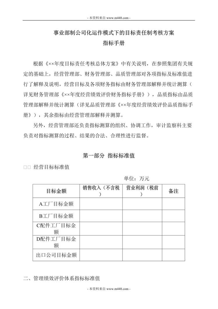 “事业部制公司化运作模式下目标责任制考核方案指标手册(16页).rar”第1页图片