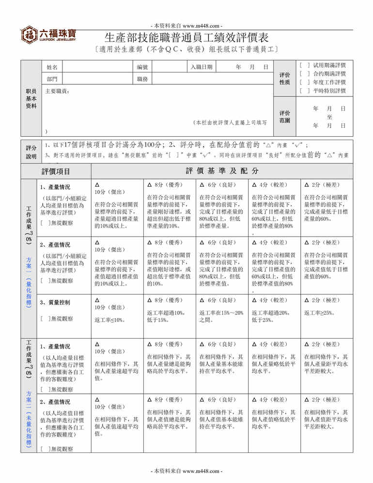 “六福珠宝生产部技能普通员工绩效评价表(doc).rar”第1页图片