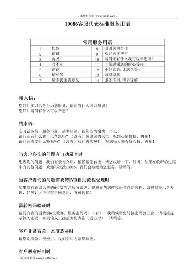 “10086中移动自动语音系统客服代表标准服务用语(doc).doc”第1页图片