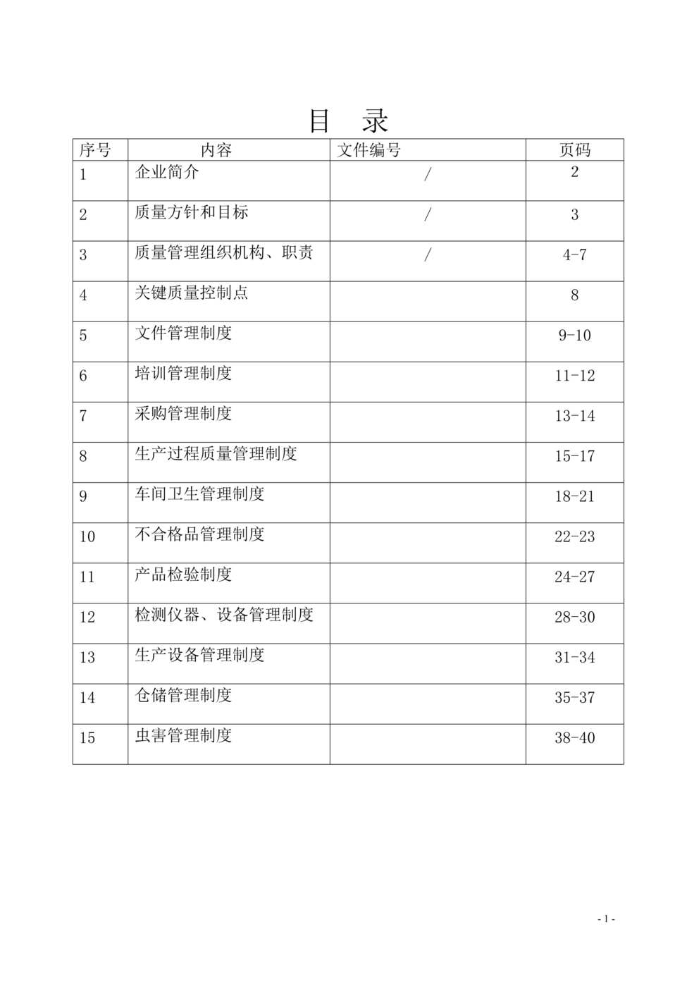 “某年某食品加工厂质量管理手册(36页)”第1页图片