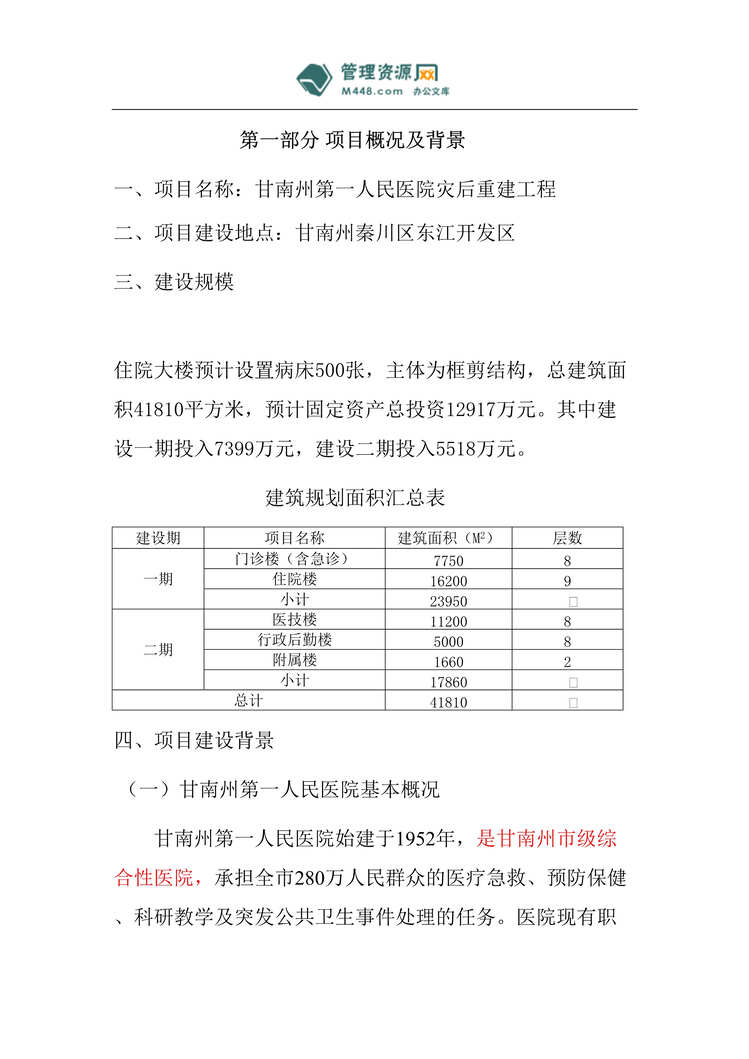 “甘南州第一人民医院灾后重建工程可行性研究报告(67页).rar”第1页图片