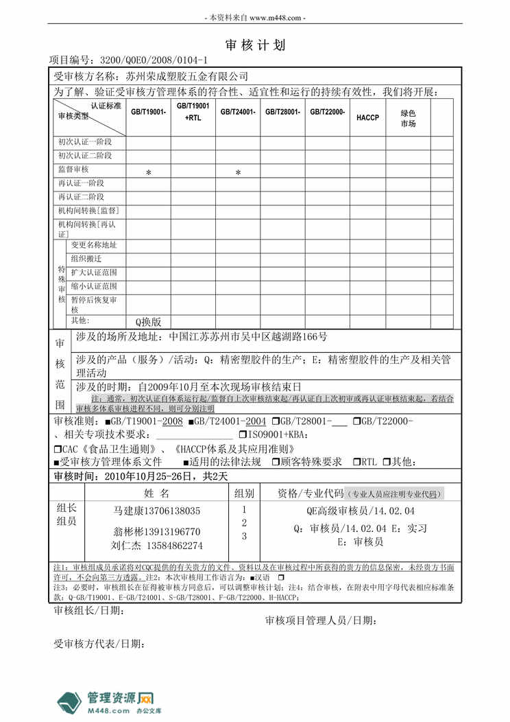 “荣成塑胶五金公司内部管理审核计划书(doc).doc”第1页图片