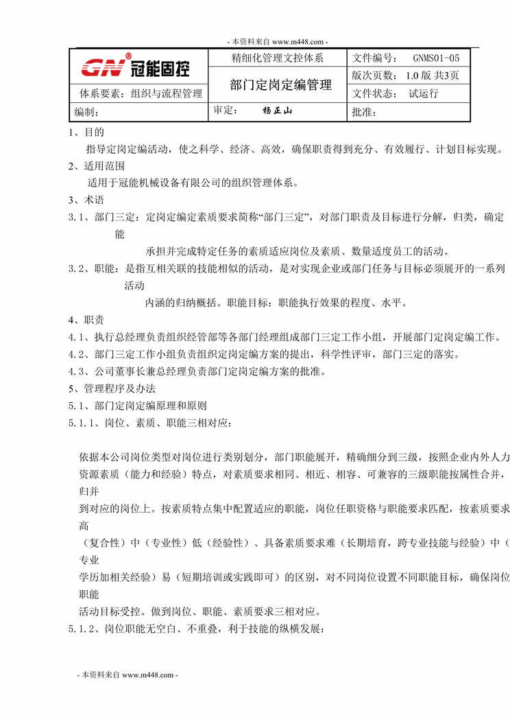 “冠能固控机械设备公司定岗定编管理制度(doc).doc”第1页图片