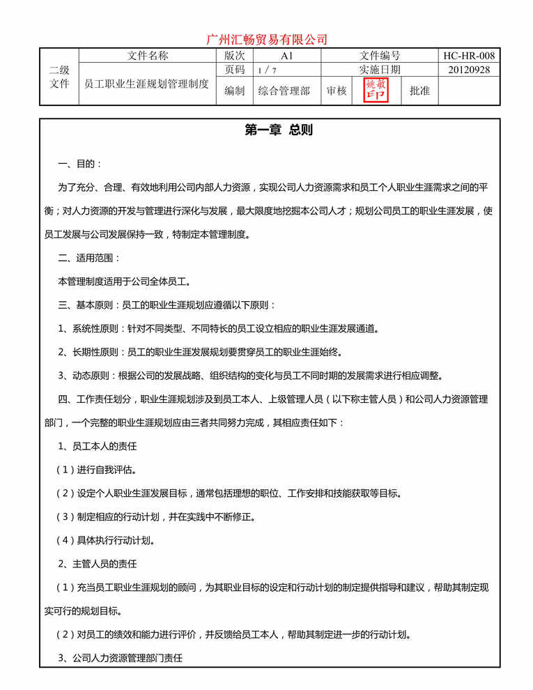 “汇畅服装贸易公司员工职业生涯规划管理制度DOC.doc”第1页图片