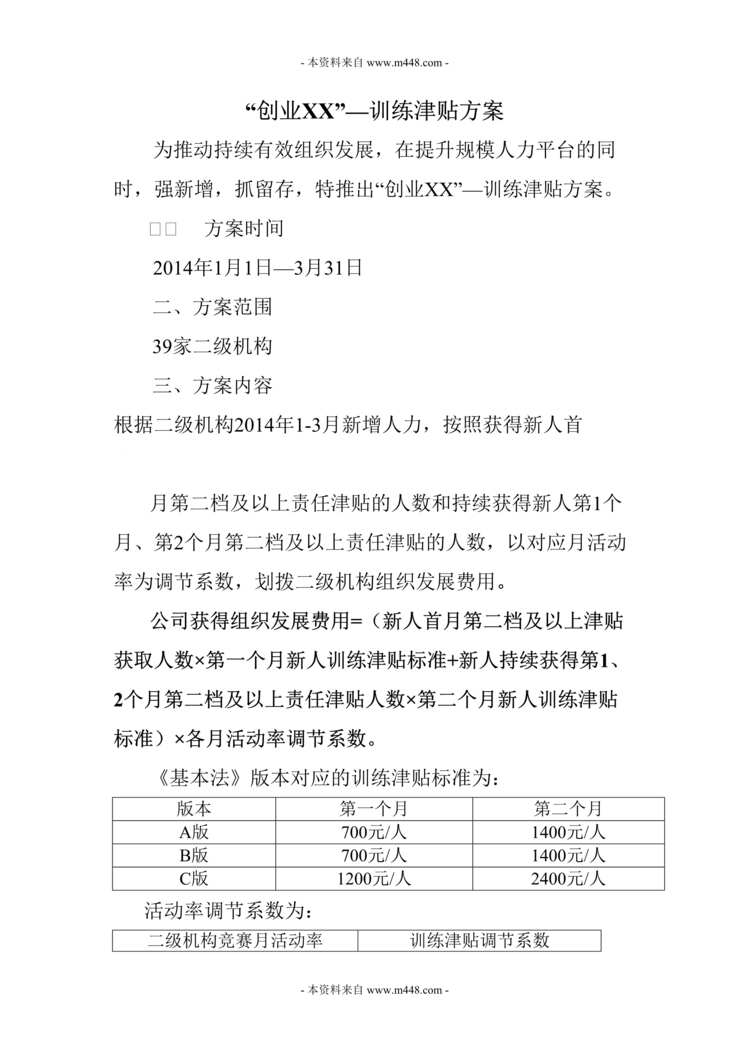 “某年开门红一季度训练津贴方案DOC”第1页图片