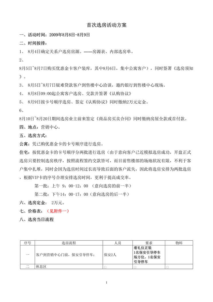 “房地产首次开盘排号选房活动流程方案DOC.doc”第1页图片