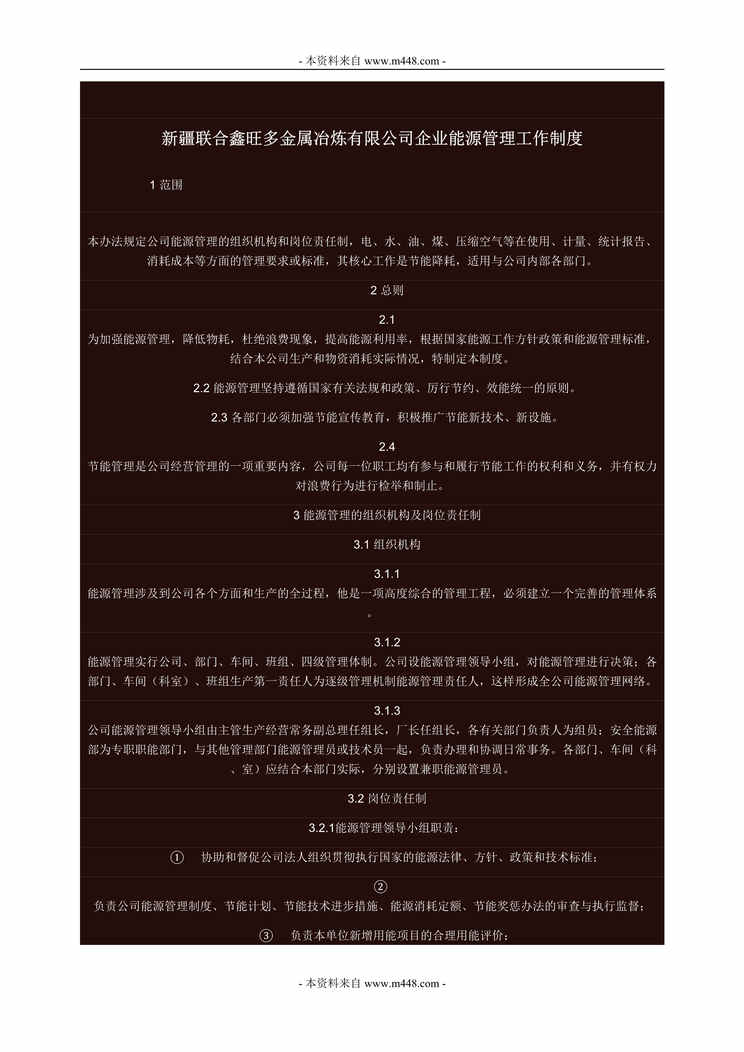 “新疆联合鑫旺多金属冶炼公司企业能源管理工作制度 (doc 9页).doc”第1页图片