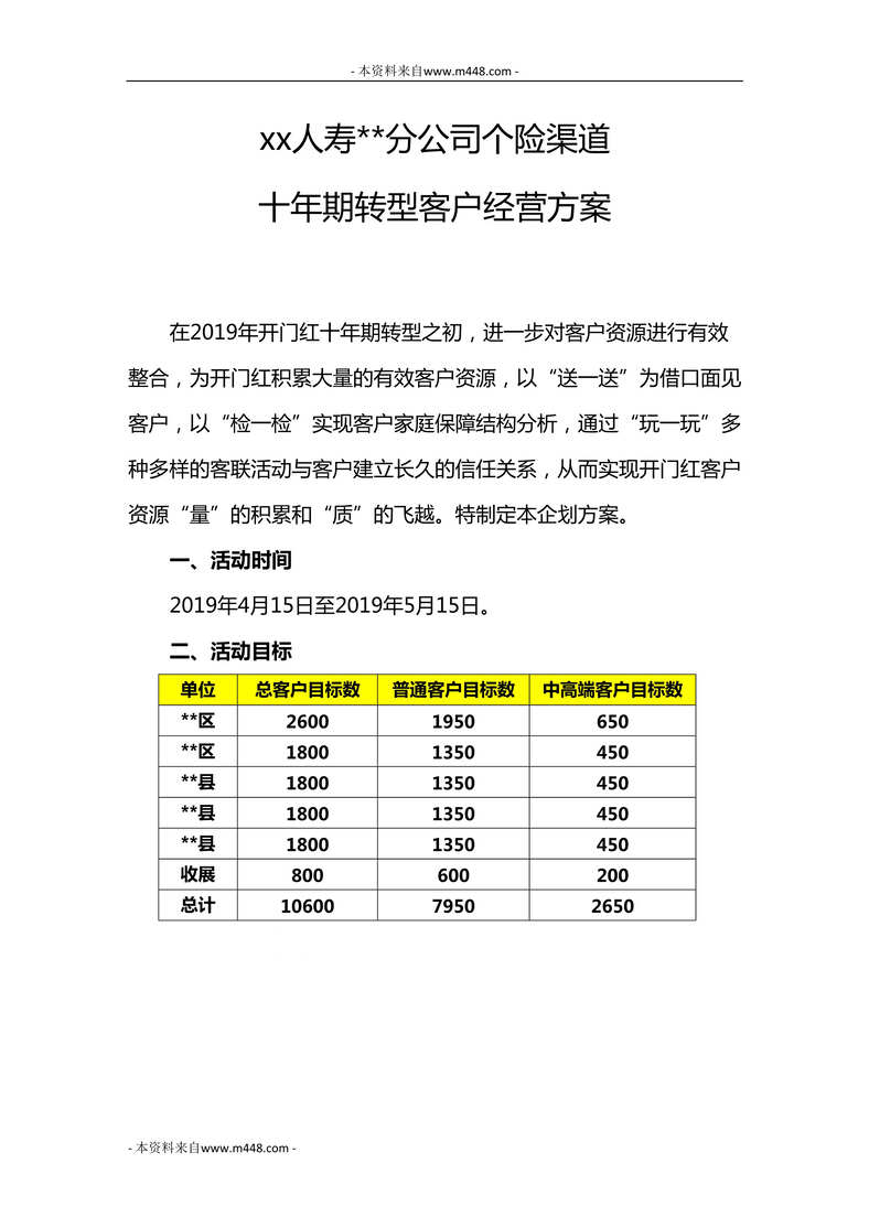 “2019年四五月个险10年期转型检单获客福送万家客户经营方案6页DOC”第1页图片