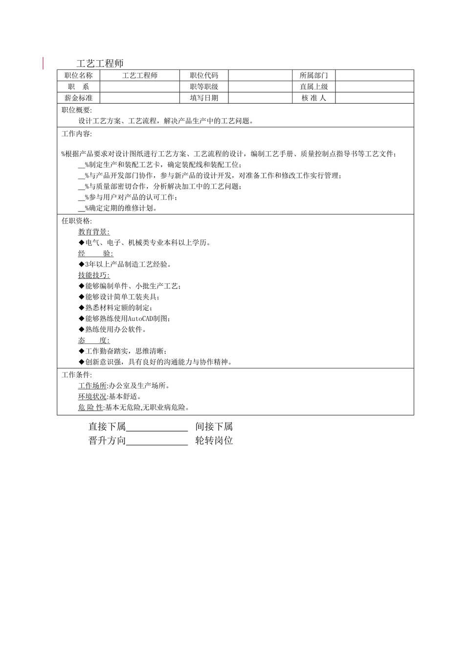 “2019年工艺工程师职位说明书DOC”第1页图片