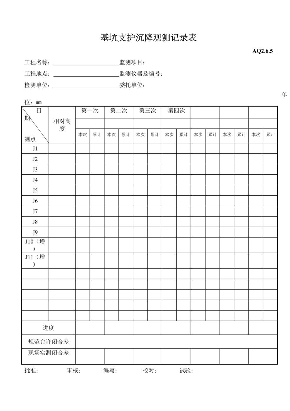 “基坑支护沉降观测记录表DOC”第1页图片