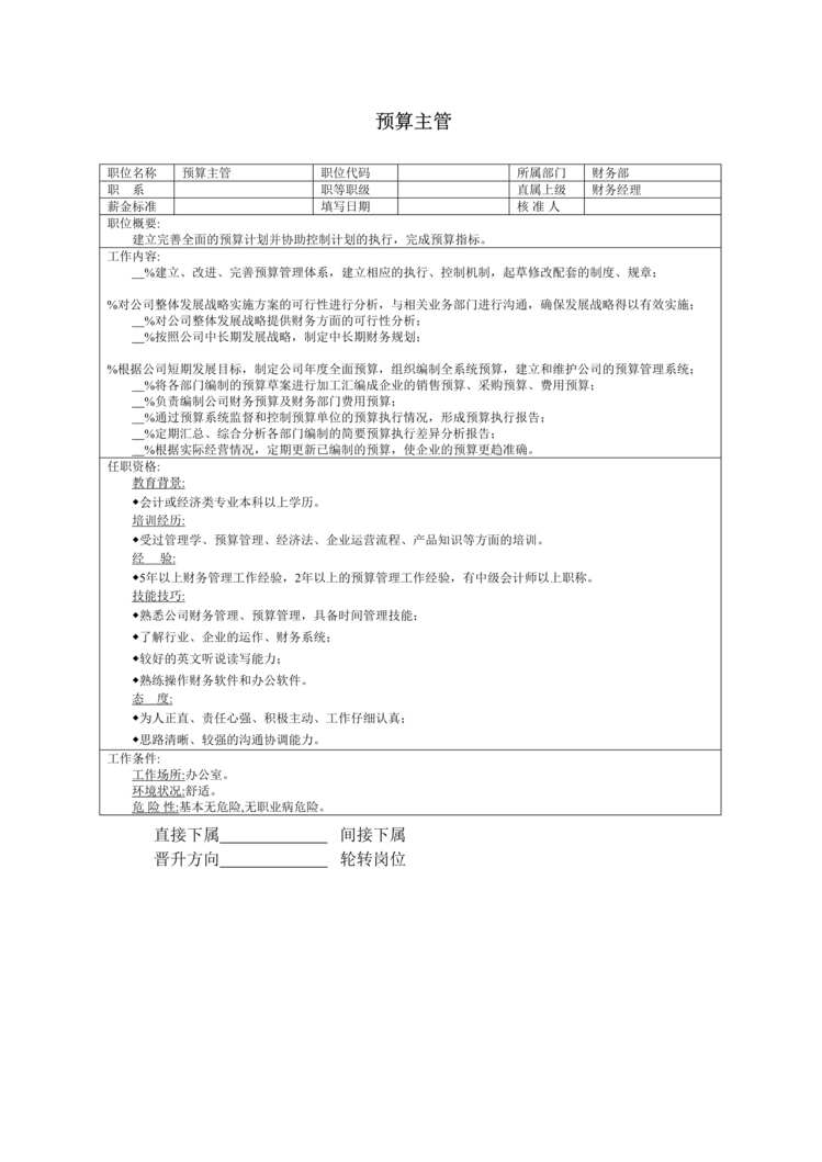 “2019年预算主管职位说明书DOC”第1页图片