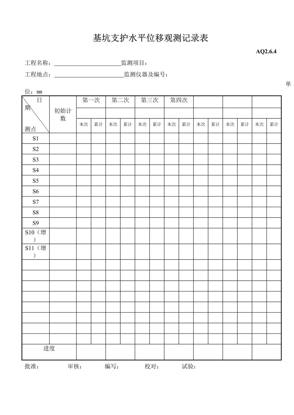 “基坑支护水平位移观测记录表DOC”第1页图片