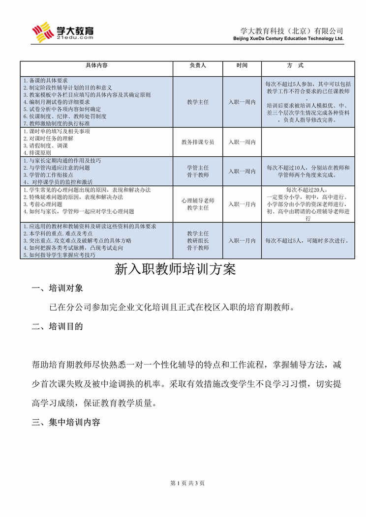 “一对一培训公司新入职教师培训方案DOC”第1页图片