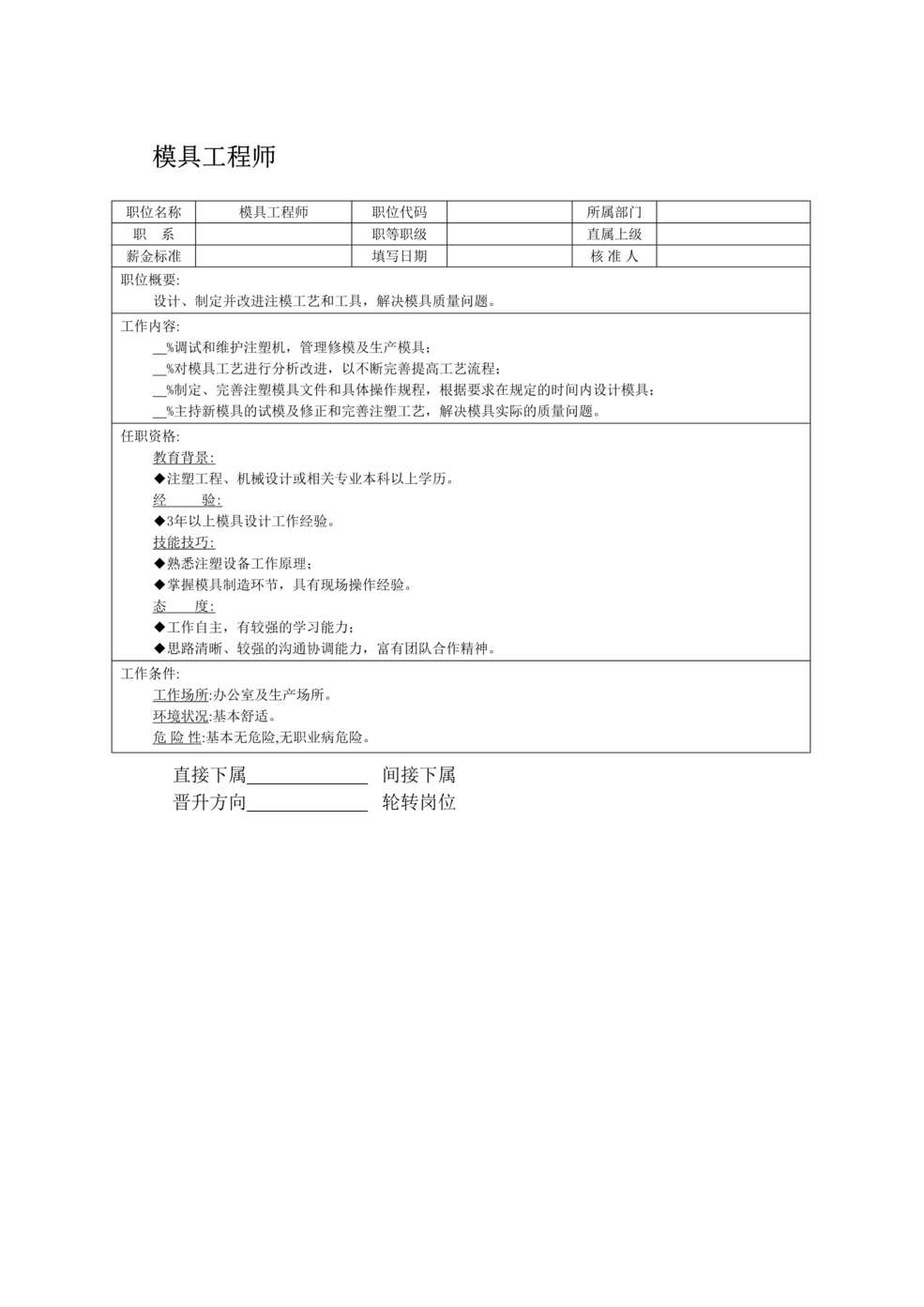 “2019年模具工程师职位说明书DOC”第1页图片