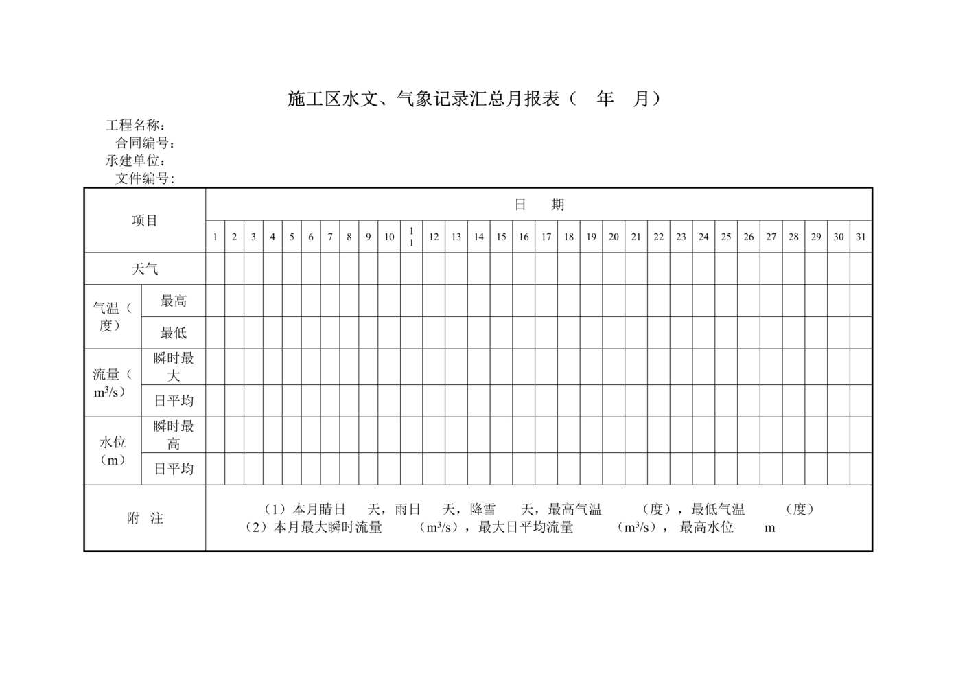 “施工区水文气象记录汇总月报表DOC”第1页图片