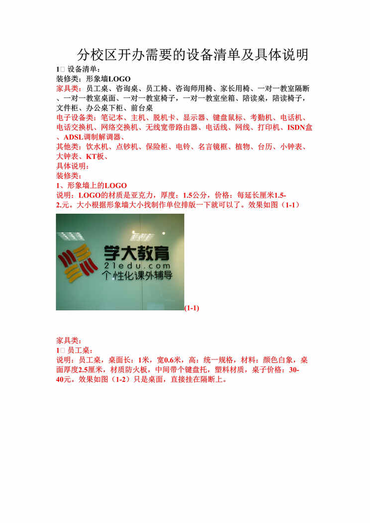 “分校区开办硬件设备清单及具体说明DOC”第1页图片