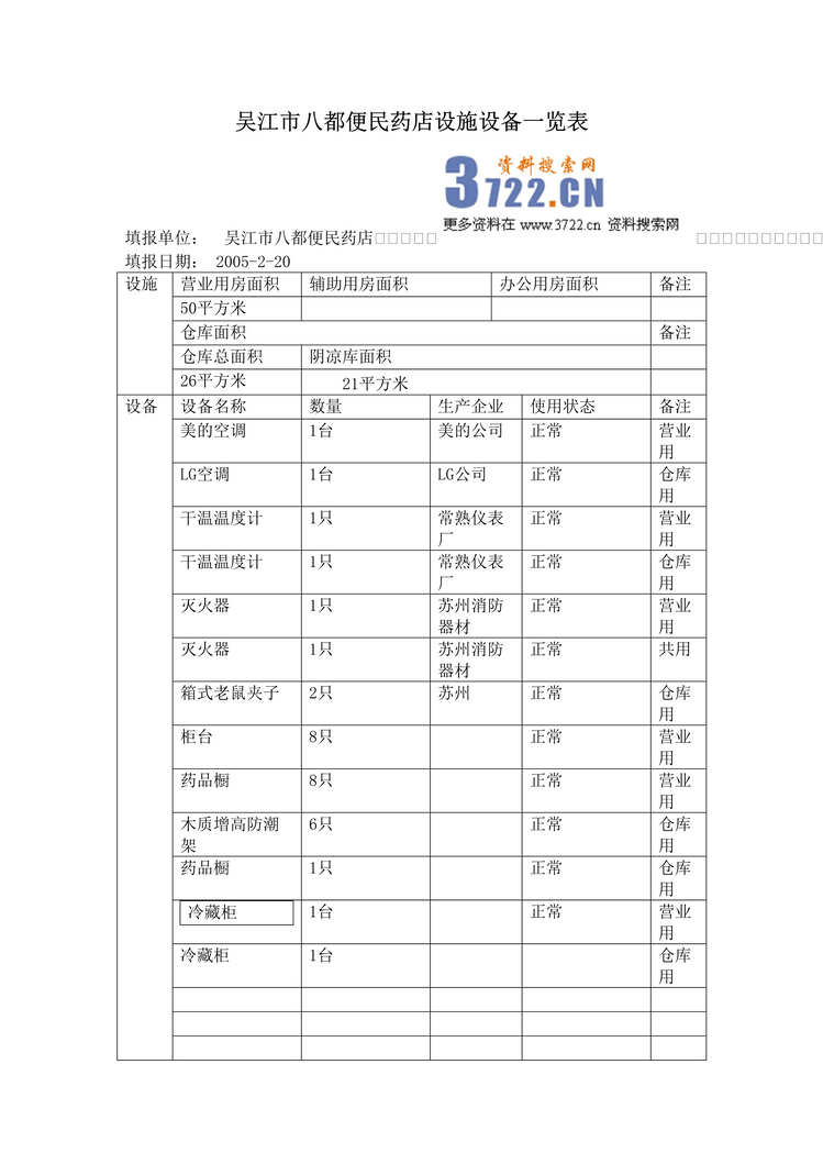 “吴江市八都便民药店设施设备一览表DOC”第1页图片