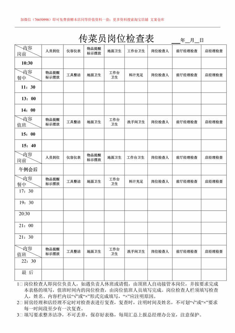 “酒店传菜员岗位检查表DOC”第1页图片