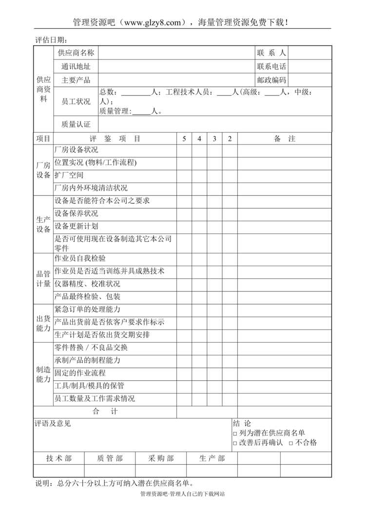 “某汽车电机制造公司潜在供应商评估表DOC”第1页图片