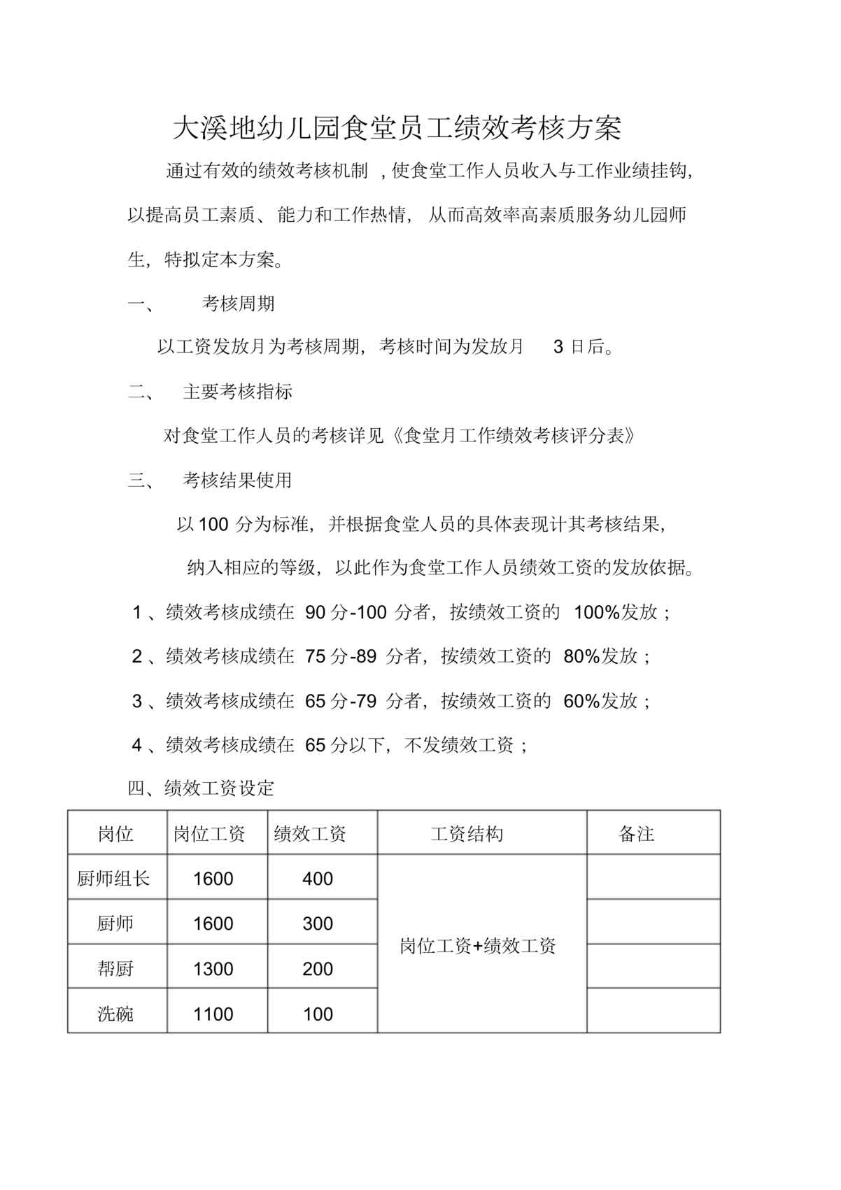 “大溪地幼儿园食堂员工绩效考核方案DOC”第1页图片