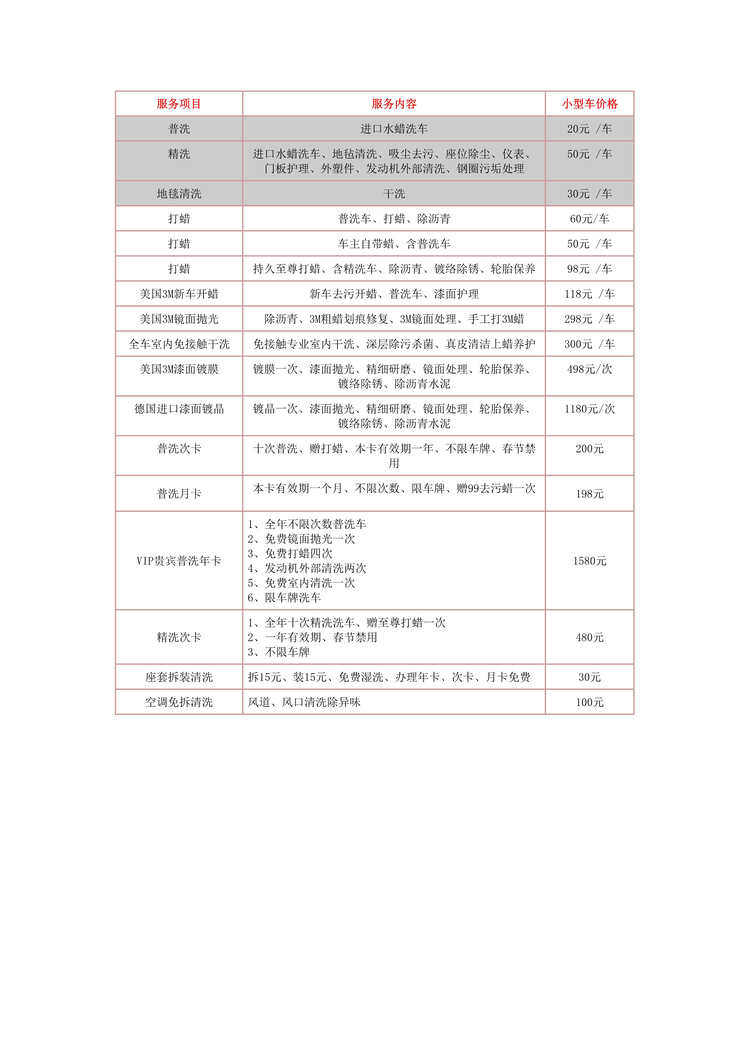 “汽车美容项目价格表DOC”第1页图片