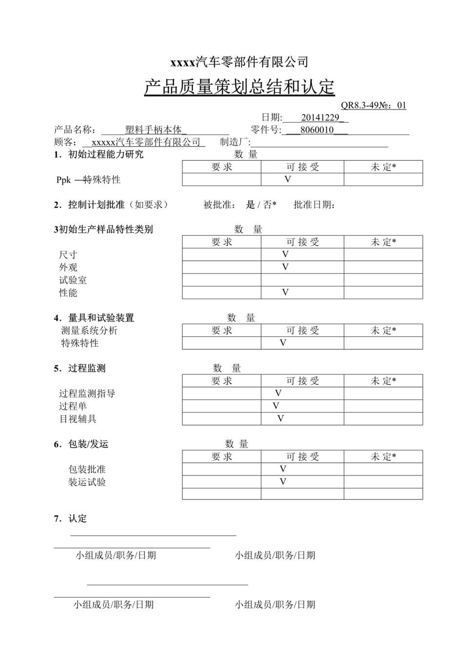 “某汽车配件公司IATF16949_2016产品质量策划总结和认定DOC”第1页图片