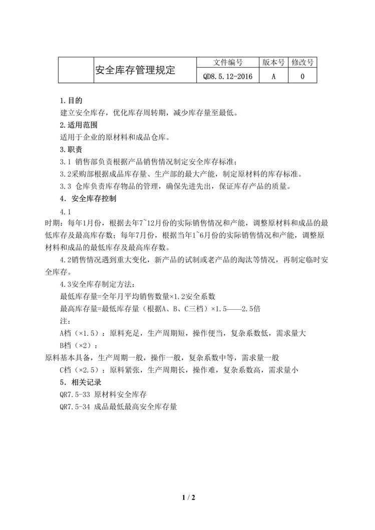 “某汽车配件公司IATF16949_2016安全库存管理规定DOC”第1页图片