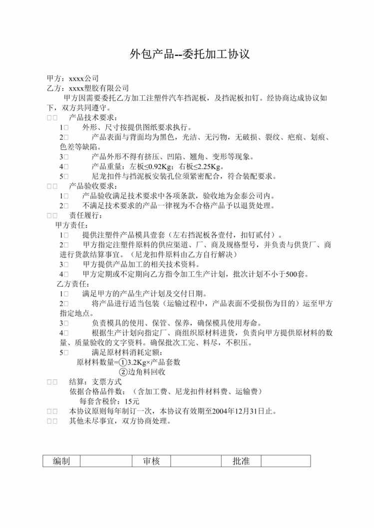 “某汽车配件公司IATF16949_2016外包产品加工协议DOC”第1页图片