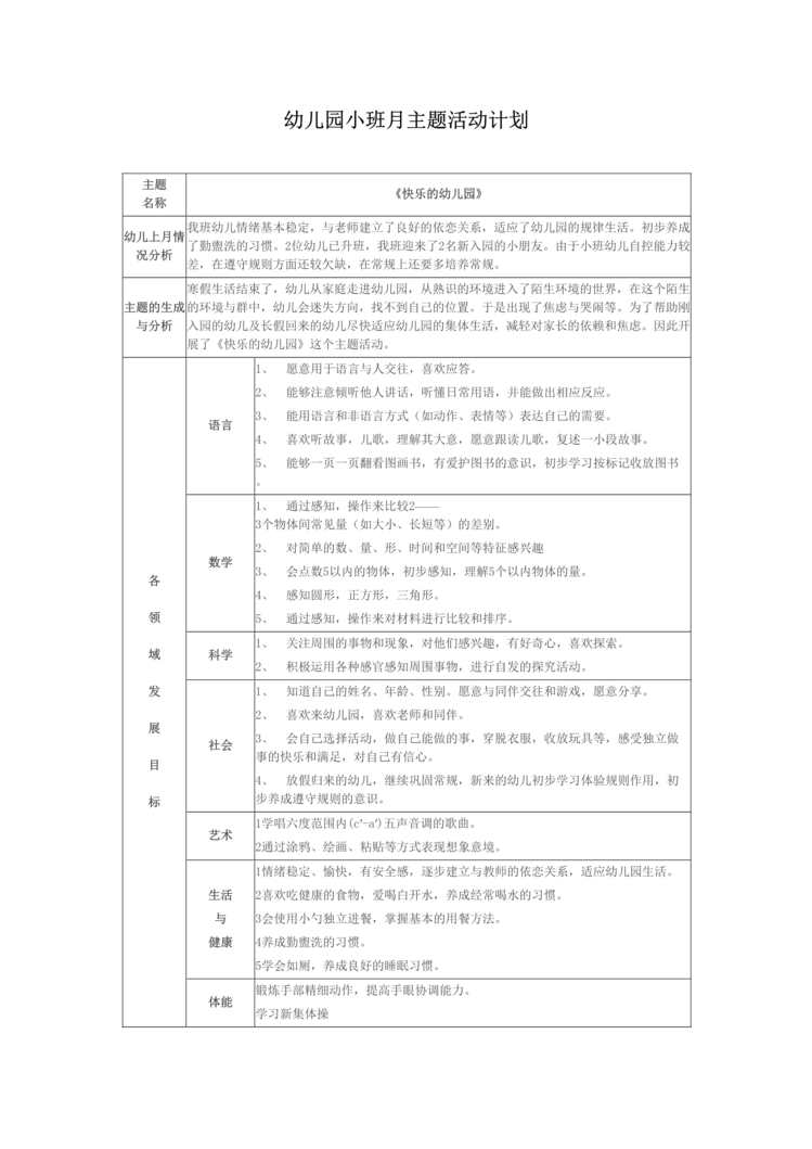 “2020年幼儿园_小班月主题活动计划DOC”第1页图片