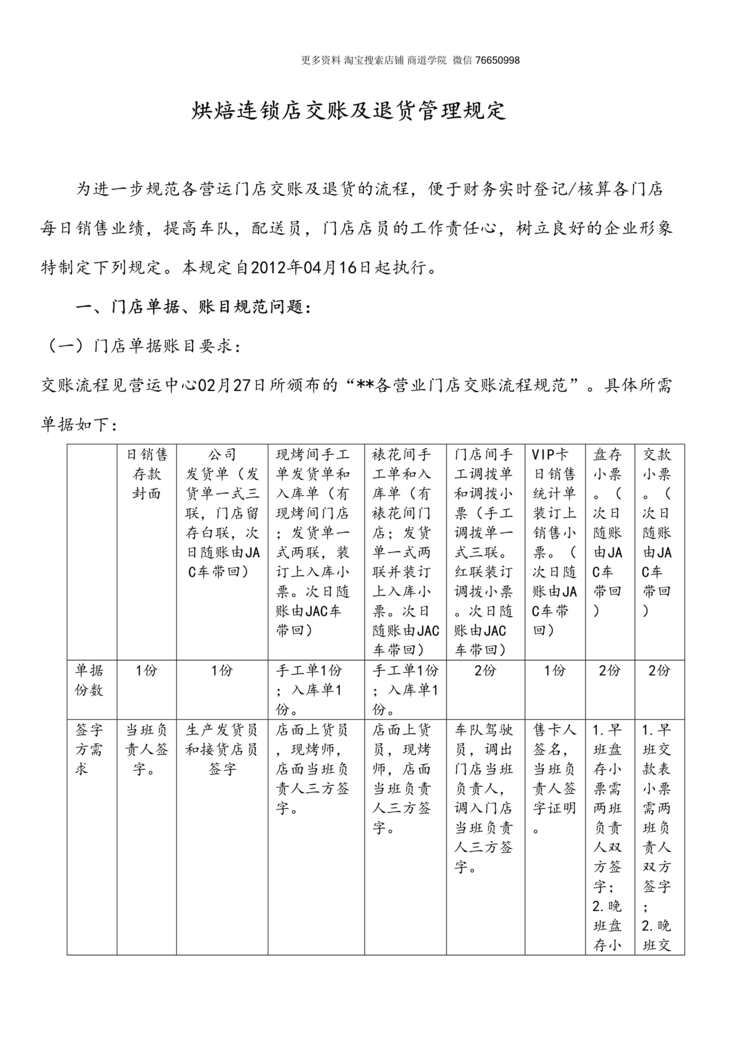 “烘焙连锁店交账及退货管理规定DOC”第1页图片